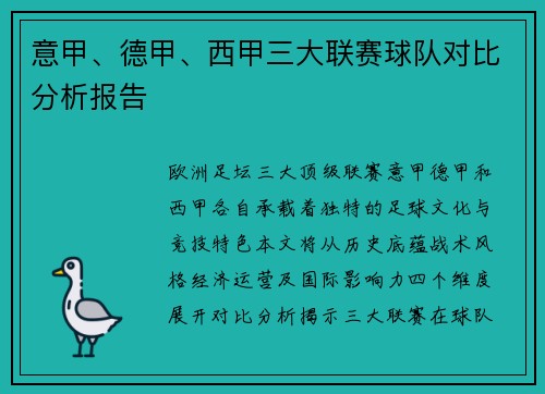 意甲、德甲、西甲三大联赛球队对比分析报告