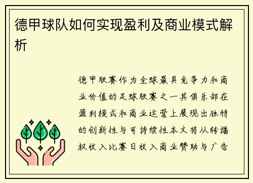 德甲球队如何实现盈利及商业模式解析